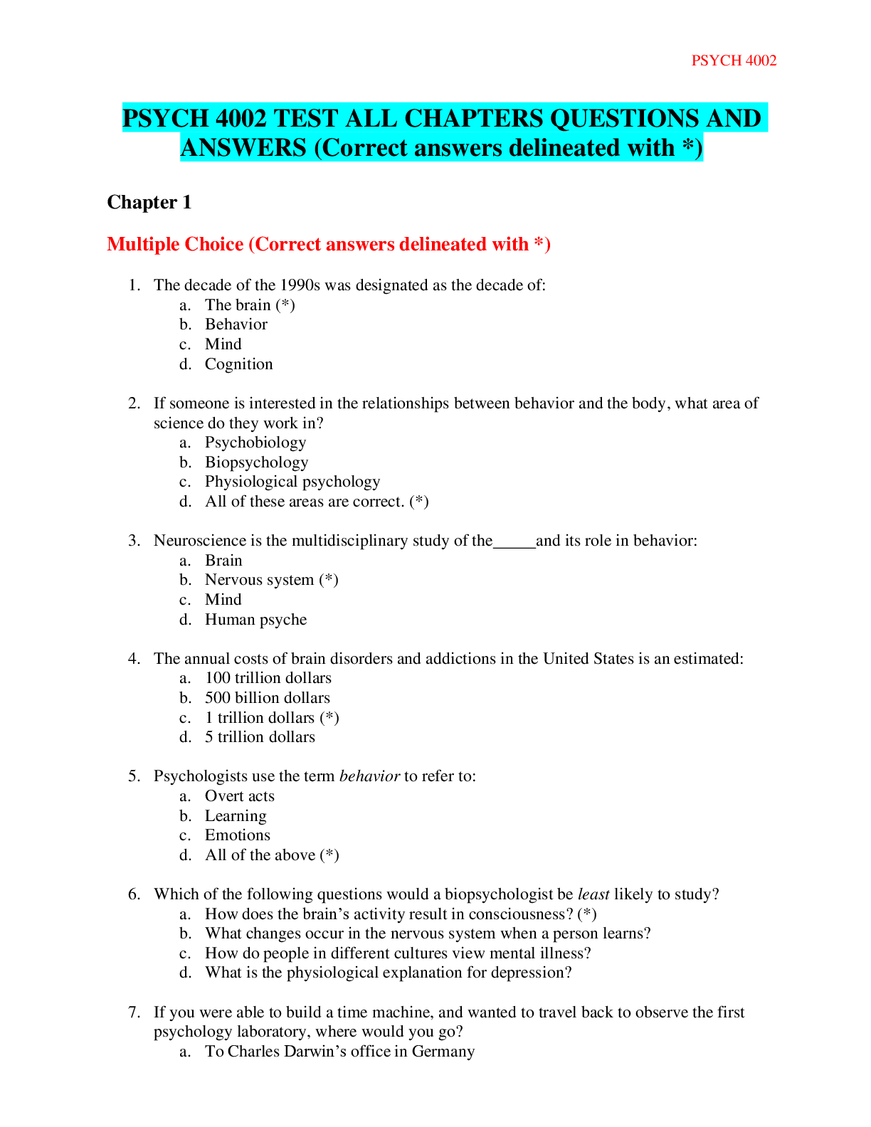 Preview image for PSYCH 4002 TEST All Chapters (Correct Answers delineated with * ) With Complete Solution